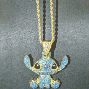 Stitch Character Rhinestone Pendant Goldtone Bling Hip Hop Necklace